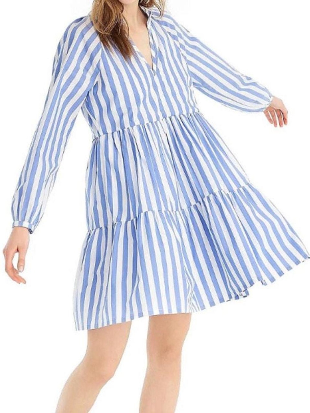 J Crew Tiered Popover Dress Striped Cotton Poplin Large